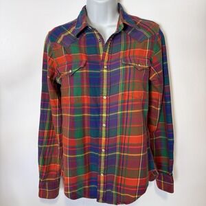 Ralph Lauren Shirt Women 10 Flannel Plaid Dopamine Madras Western Pearl Snap
